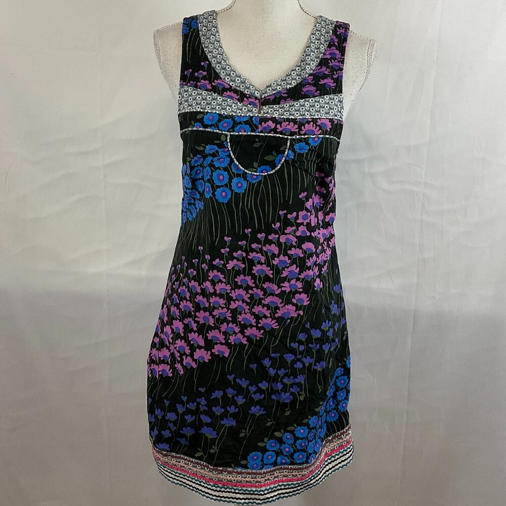 Free People Shift Dress S Black Blue Green Floral Print Contrast White Gray